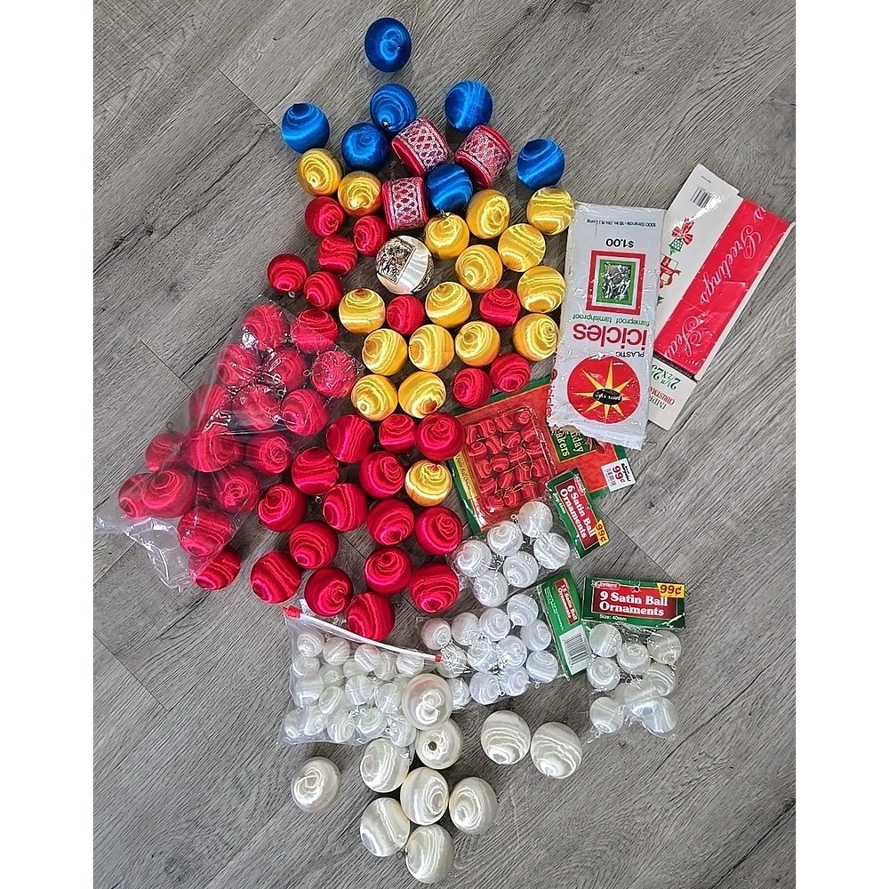 Vintage Joybright Satin Red Yellow Blue White Ball Christmas‎ Ornaments Lot 100+